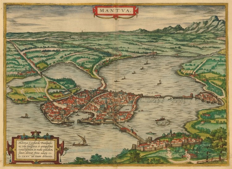 Old, antique map of Mantua by Braun & Hogenberg